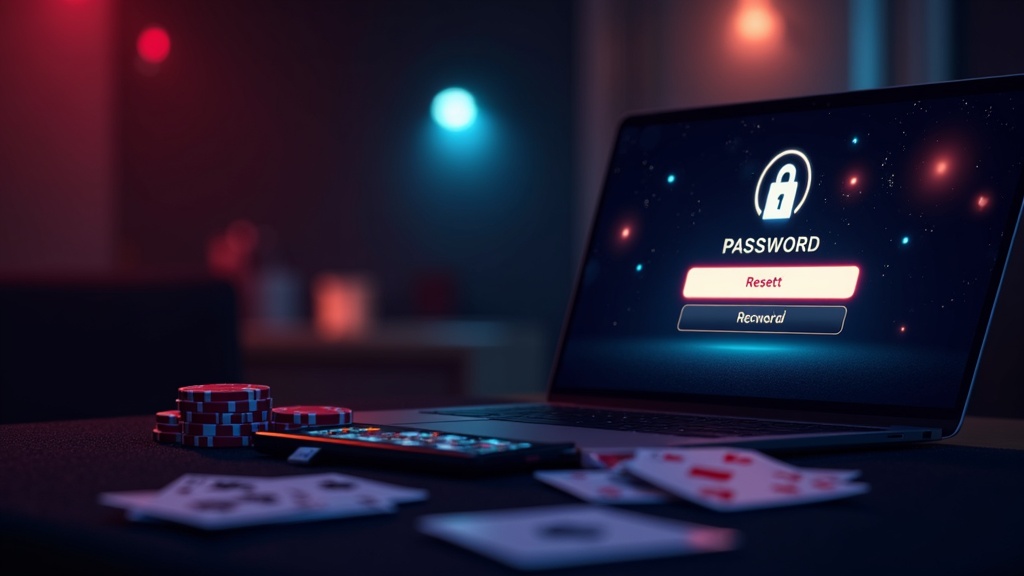 Schermata di recupero password con dispositivi a tema casinò e simboli di sicurezza