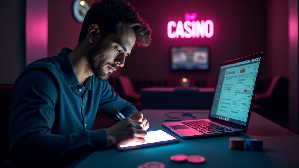 Giocatore che completa la registrazione GramsBet su un tablet in una scena da casinò scura