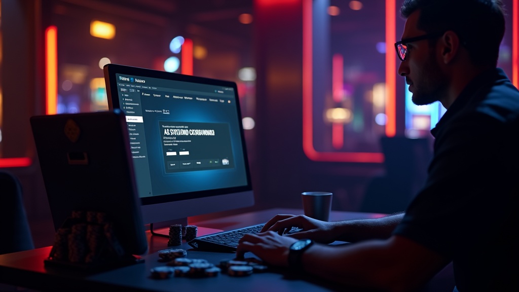 Player entering a bonus code on a glowing registration screen in a dark casino lounge