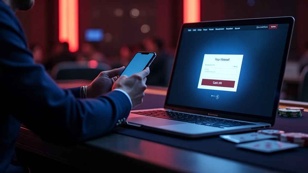Giocatore che accede a GramsBet da laptop e telefono in un ambiente da casinò scuro