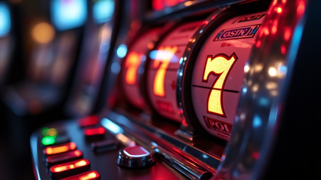 Slot machine with free spins counter and wagering rules in a dark casino setting
