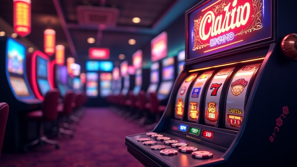 Slot-Maschine mit Freispiel- und Bonusanzeige in dunkler Casino-Optik