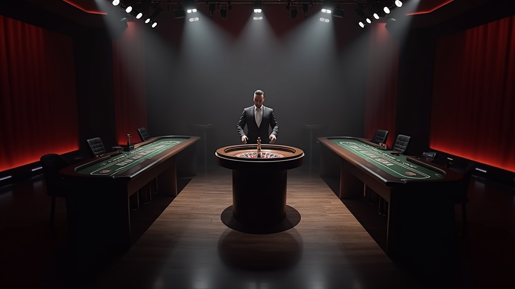 Live-Dealer-Studio mit Roulette, Blackjack und Baccarat unter dramatischem Licht