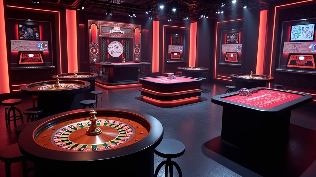 Live dealer studio showing roulette, blackjack, baccarat, and game-show style tables