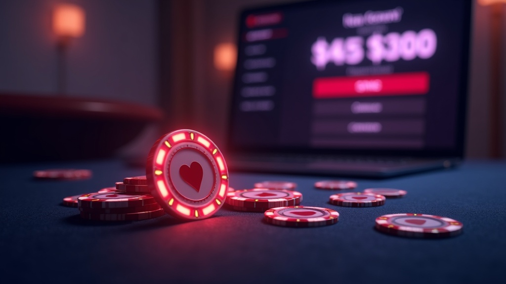 Small bonus chip and free spins icons on a dark casino table with a new account screen