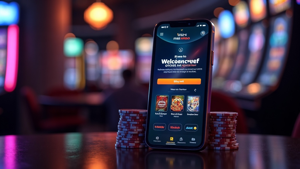 Casino lobby with a phone showing welcome bonus details and glowing chips
