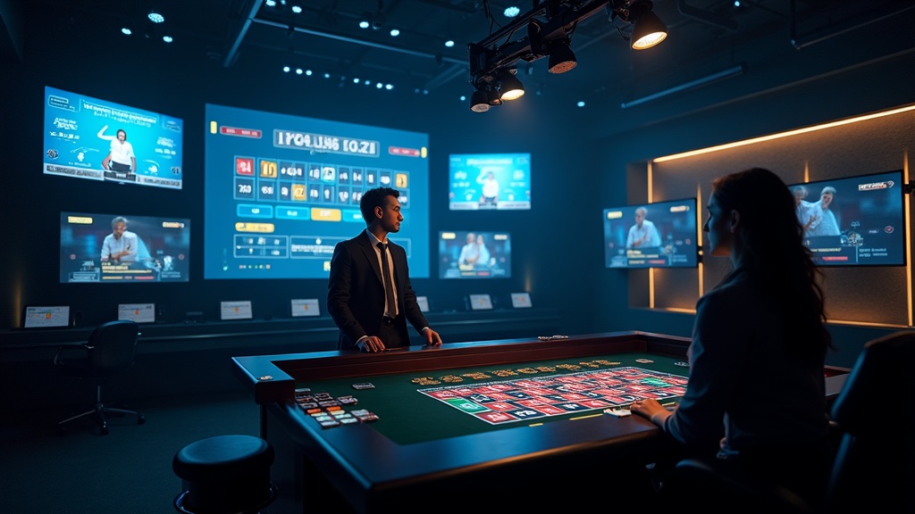 Live casino lobby with a dealer, roulette table, and streaming screens